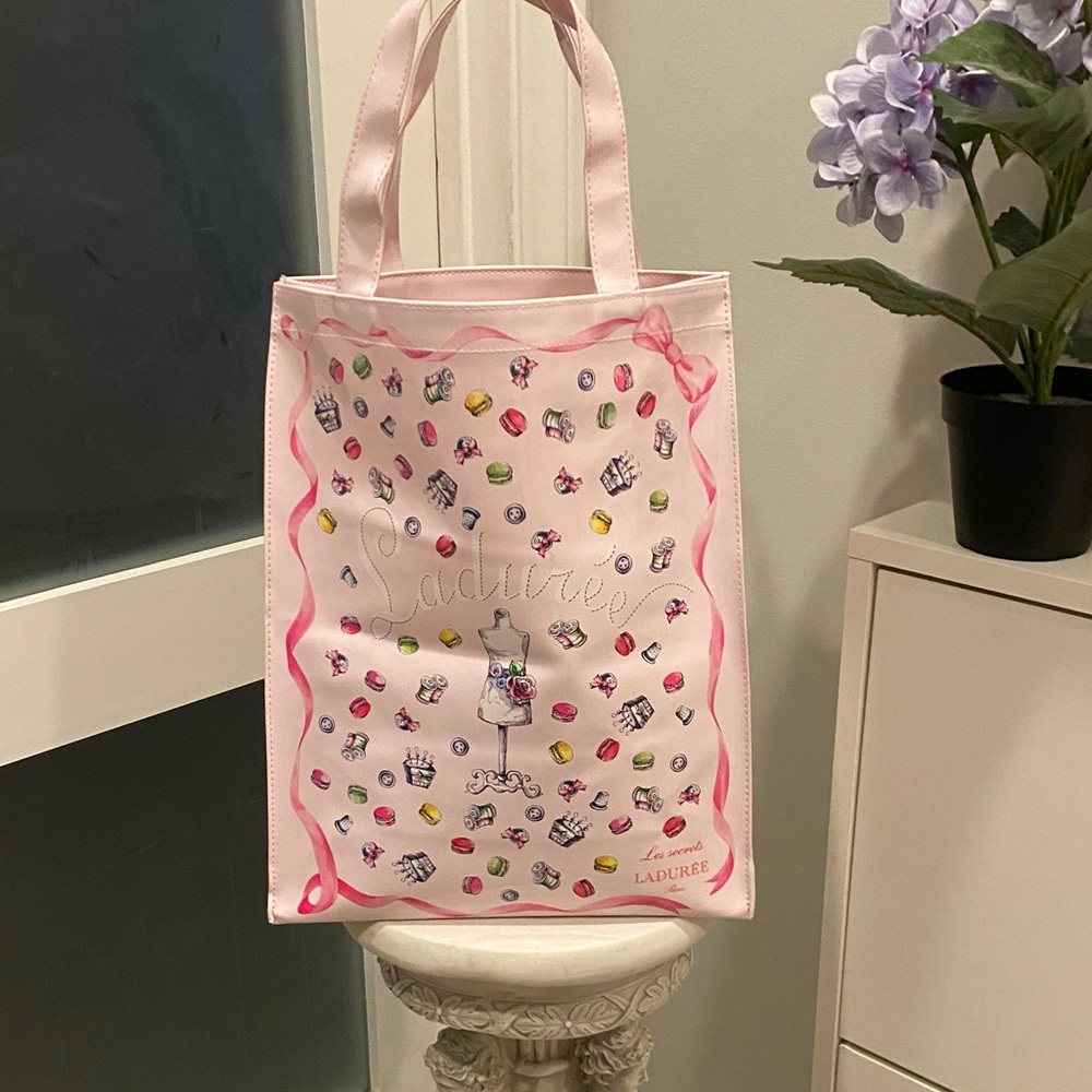 Laduree Paris Pink Printed Tote Bag with Macaron Motif